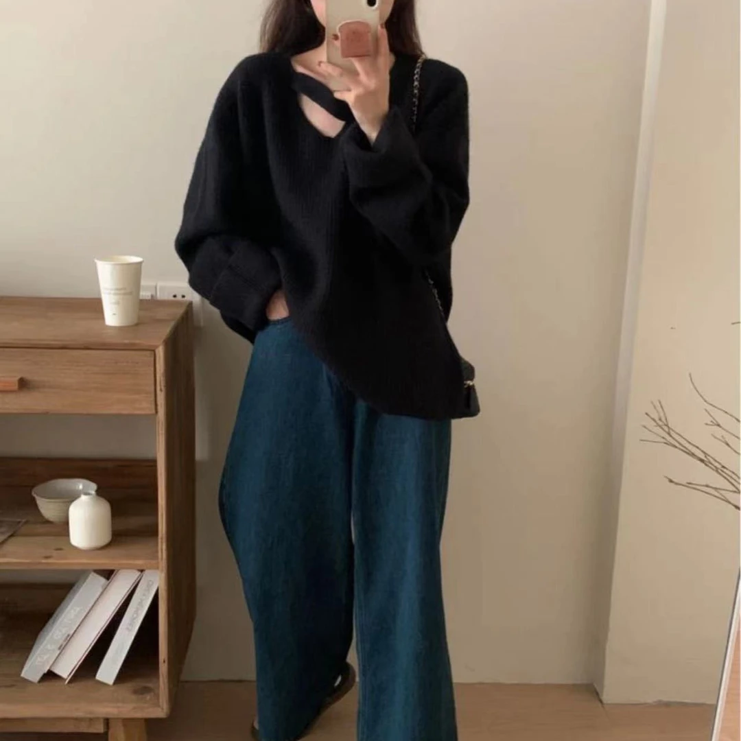 南瓜家v领设计感毛衣