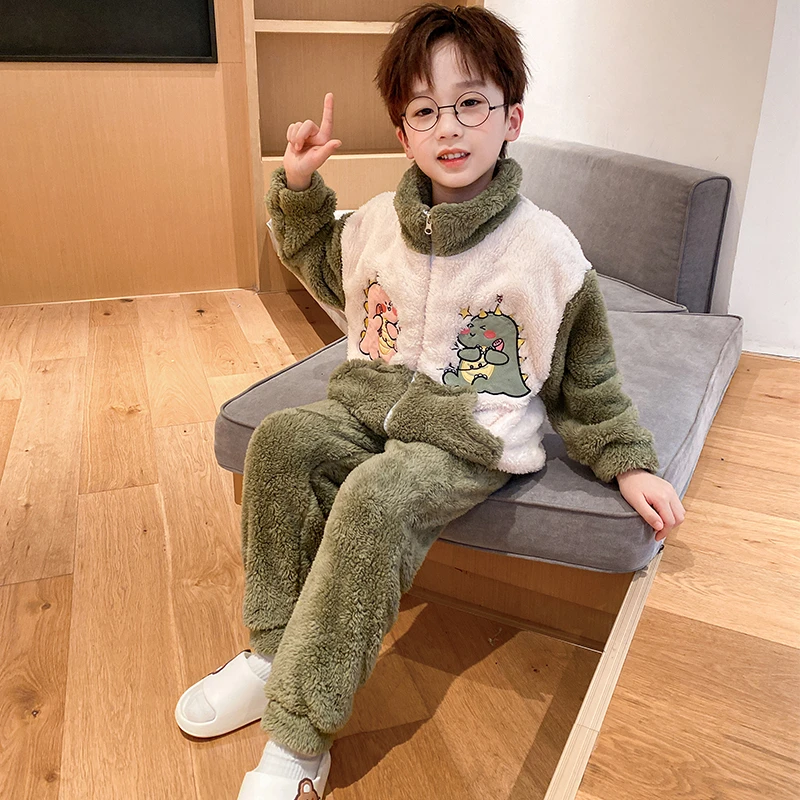 冬季儿童睡衣男女通用法兰绒超萌卡通时尚拉链款套装睡衣家居服