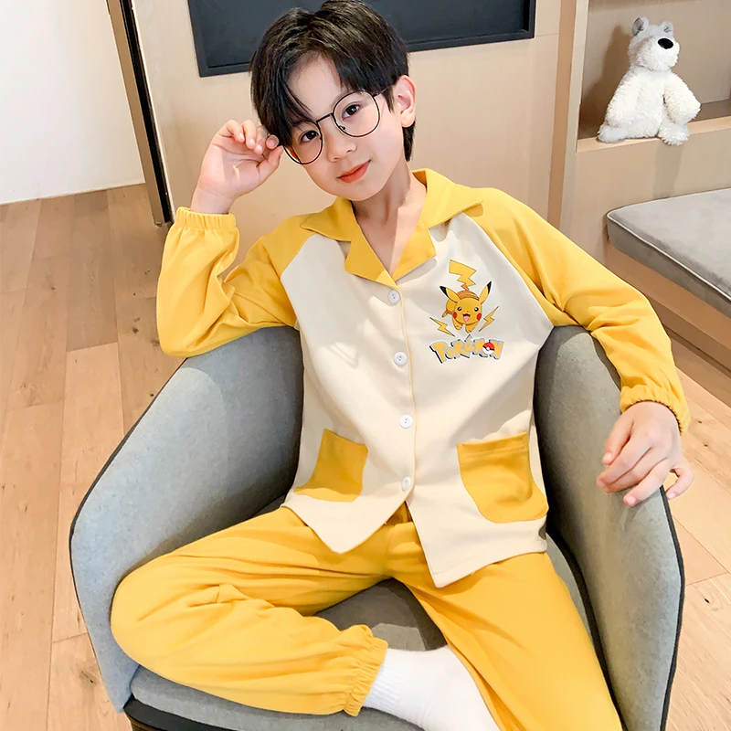 男童睡衣春秋季棉质长袖女中大童比卡丘卡通家居服男女孩翻领套装