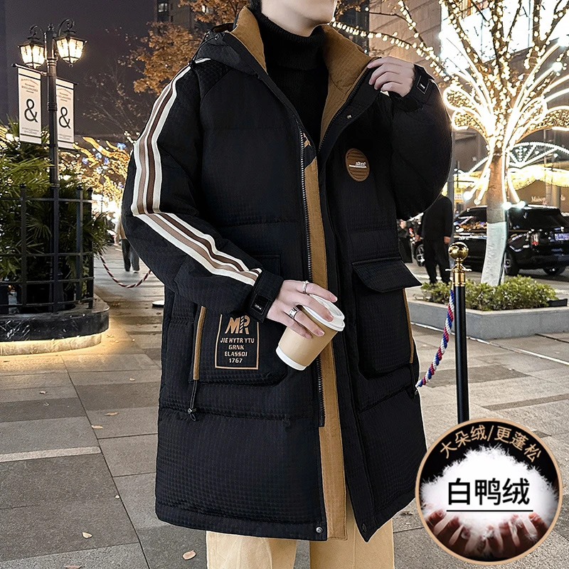 冬季青少年潮牌新款中长款连帽加厚外套加绒保暖宽松轻盈羽绒服男