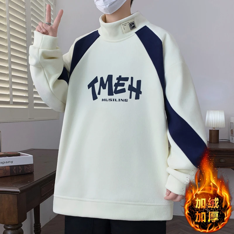 青少年新款半高领字母印花秋冬款加绒卫衣长袖奥粒绒上衣休闲百搭