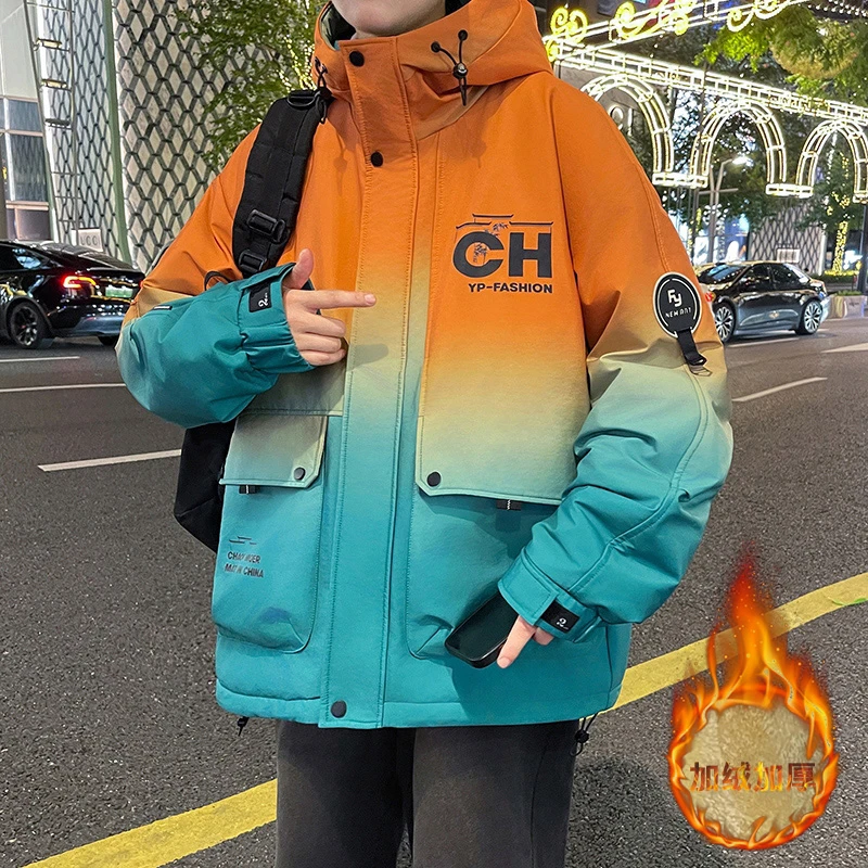 秋冬季新款港风加绒加厚渐变系连帽夹克帅气潮流保暖夹克百搭外套