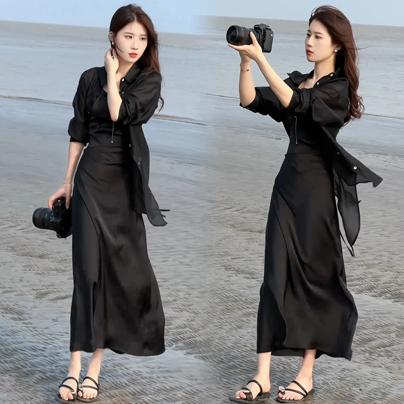 轻熟风连衣裙套装女夏季新款收腰显瘦吊带裙防晒衫衬衣洋气两件套