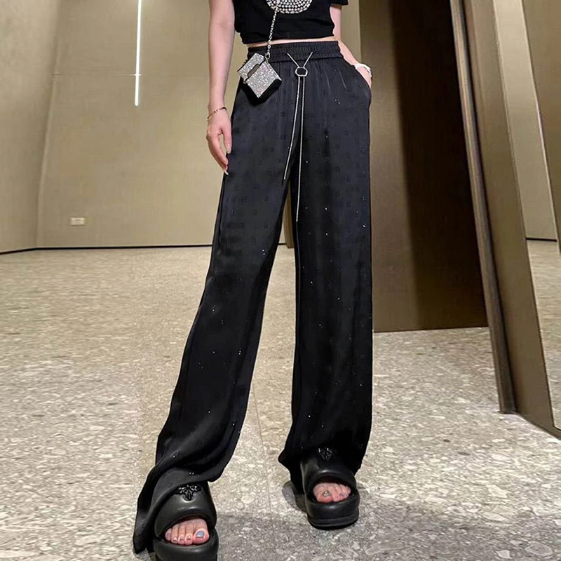 醋酸缎面阔腿裤女夏季加长高腰显瘦直筒裤烫钻印花垂感拖地休闲裤