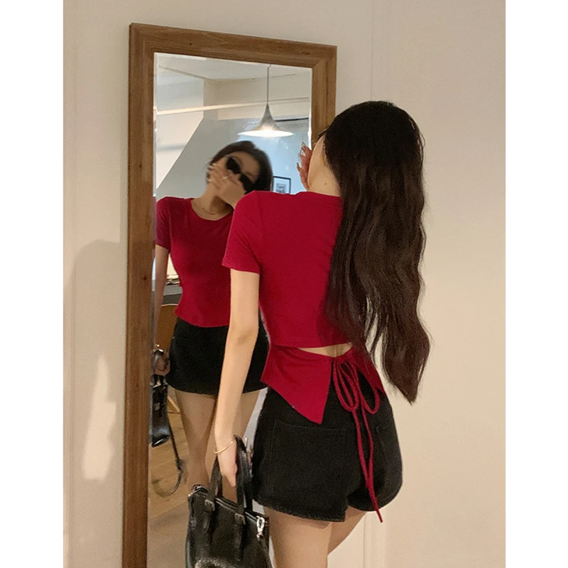 无品牌纯欲辣妹修身短袖t恤女夏后背镂空系绳设计感小众上衣8020