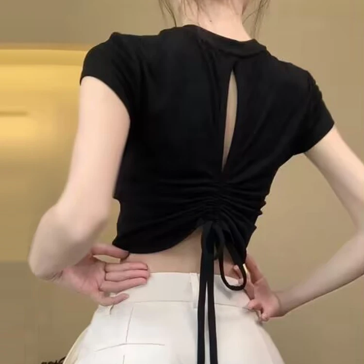 纯欲辣妹修身短袖t恤女2025夏新款后背镂空抽绳设计感时尚上衣服