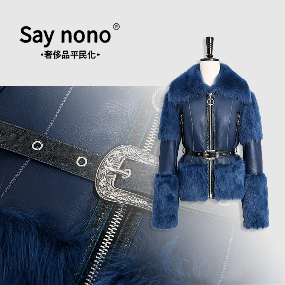 懒猫nono│Saynono 送腰带＿显瘦方领皮毛一体拼接外套LM/23059