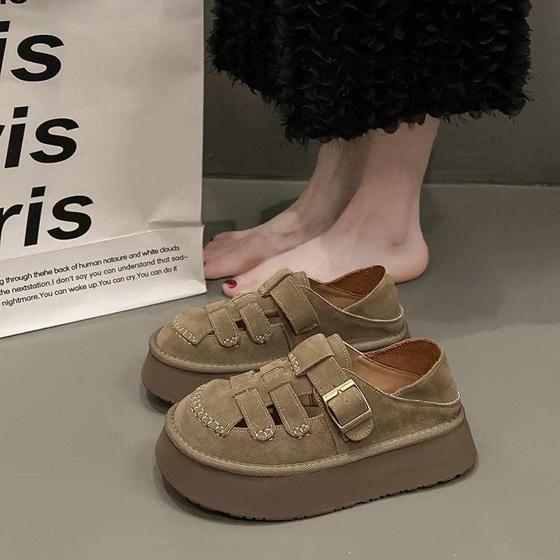 勃肯鞋女包头半拖鞋外穿2024夏季新款洞洞鞋女款编织厚底罗马鞋