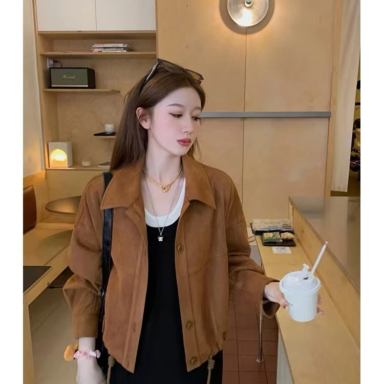 【秋子贤专属】翻领抽绳夹克外套春秋网红短款时尚百搭复古宽松韩版