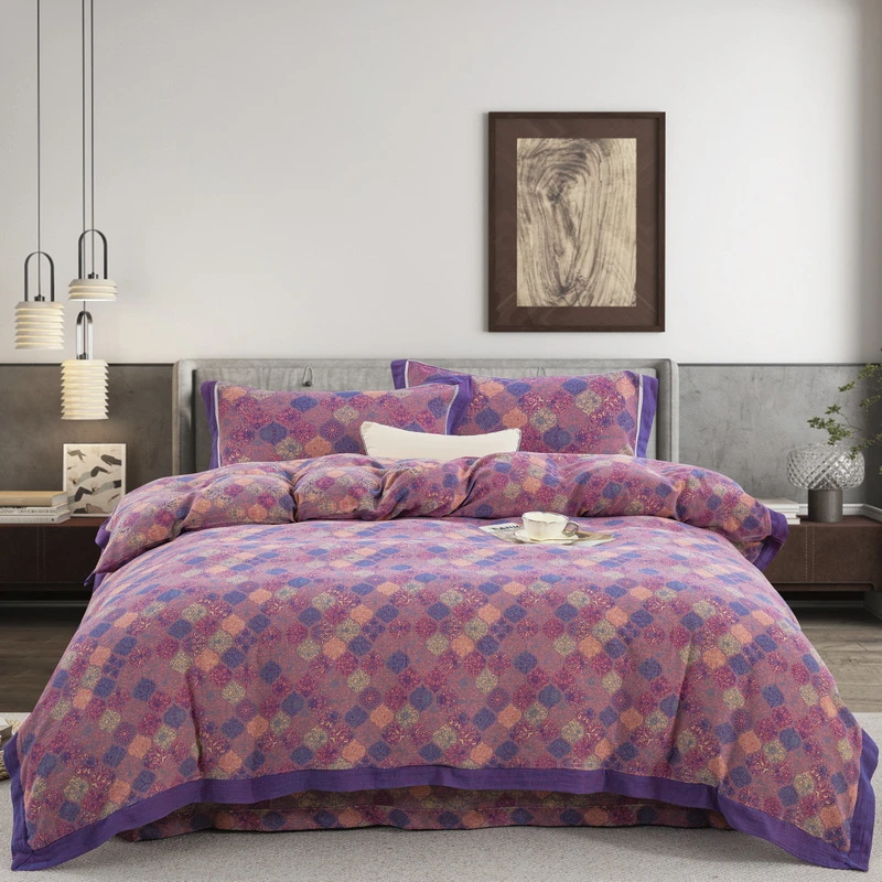 【花漾优选】-朝花夕拾-A类全棉双层纱色织提花四件套柔软亲肤纱布