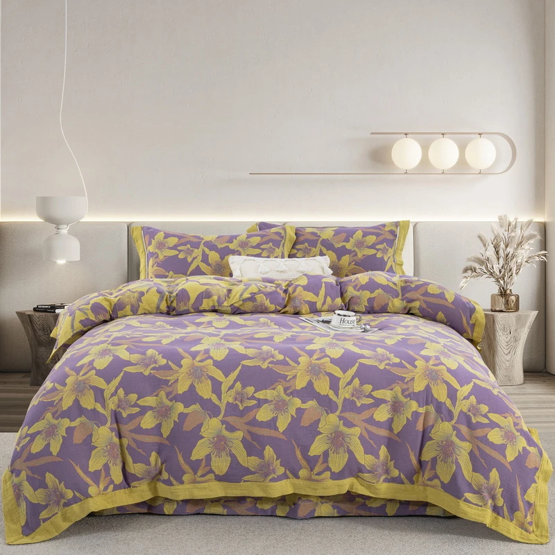 【花漾】-清香百合-A类全棉双层纱色织提花四件套柔软亲肤纱布