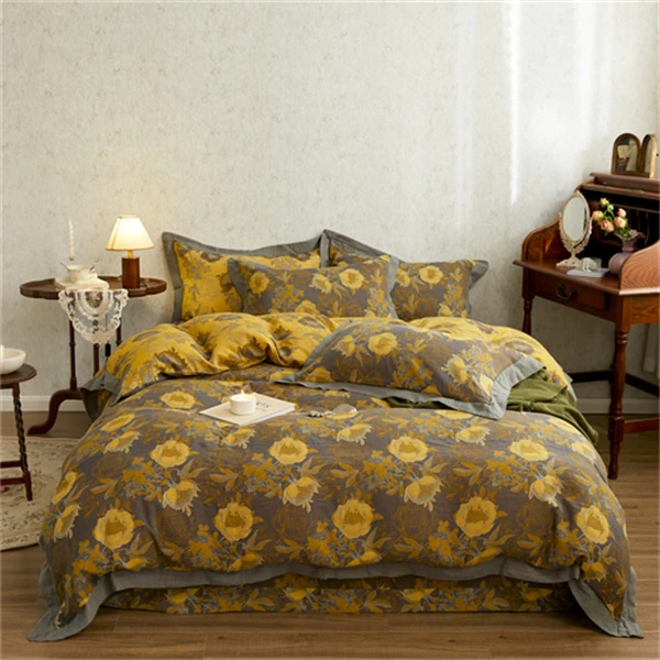 【花漾优选】-富贵花开-A类全棉双层纱色织提花四件套柔软亲肤纱布