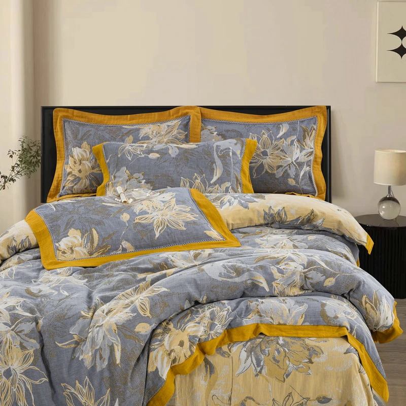 【花漾优选】-国色天香-A类全棉双层纱色织提花四件套柔软亲肤纱布