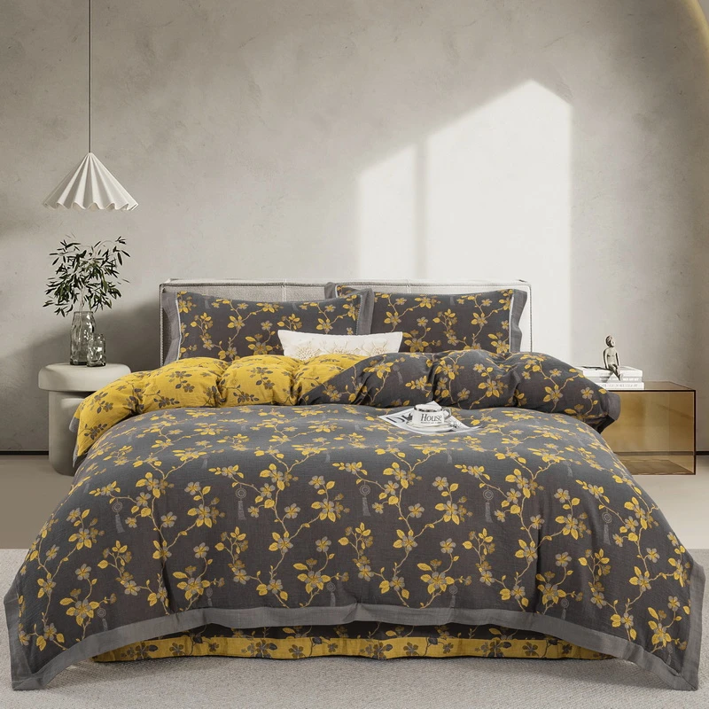 【花漾】-陌上花开-A类全棉双层纱色织提花四件套柔软亲肤纱布