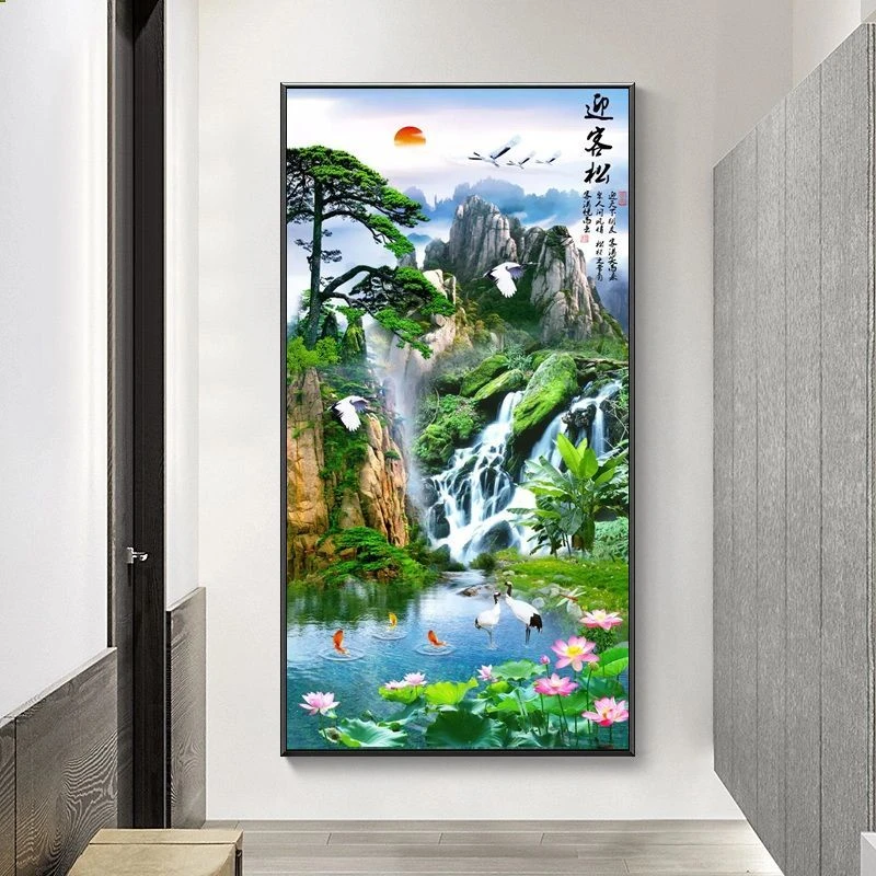 中式玄关<迎客松>装饰画灯画竖版挂画中国风山水画进门走廊过道