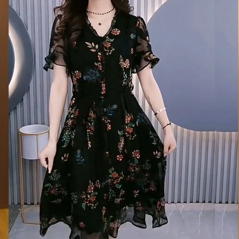 品彤1307大码碎花连衣裙女2024夏季新款高端精致中年妈妈雪纺裙子