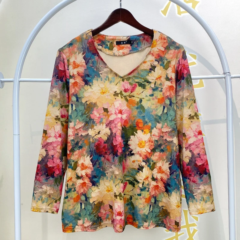 5481秋季时尚妈妈T恤减龄长袖洋气大码上衣中年女士百搭打底衫