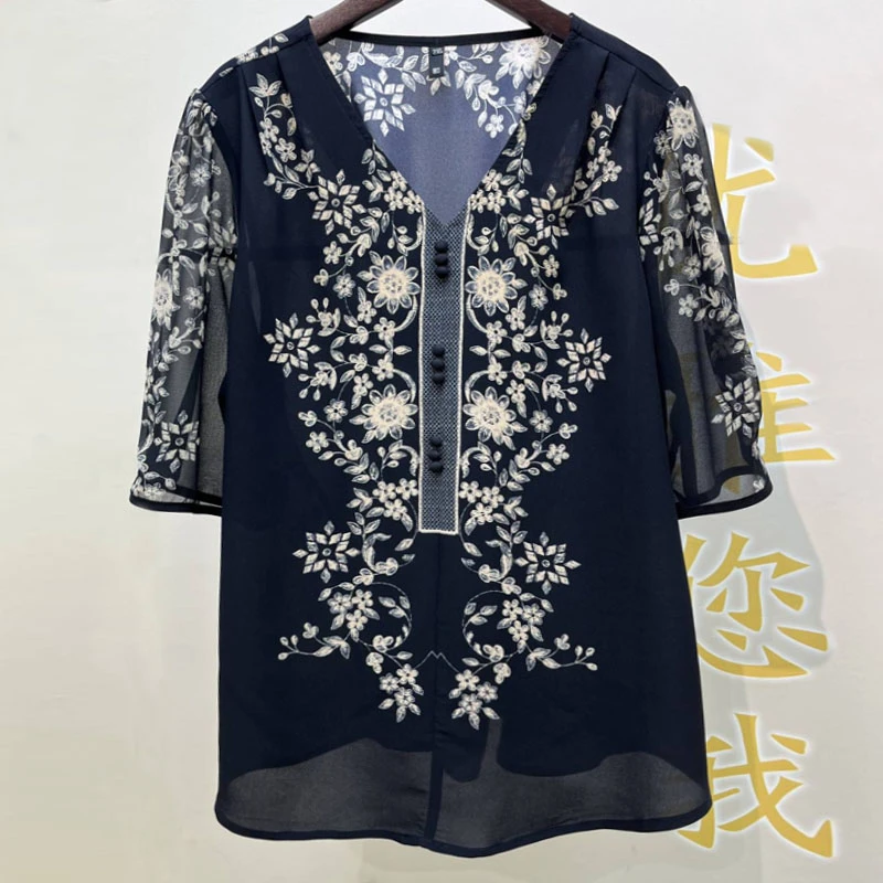 5429A时尚气质高档小衫2026夏新款T恤女双皱乔其纱显瘦大码衬衫女