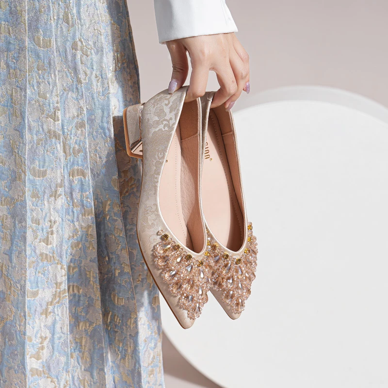 2024年新款秋季晚晚鞋法式粗跟高跟鞋尖头单鞋女中跟中式国风单鞋