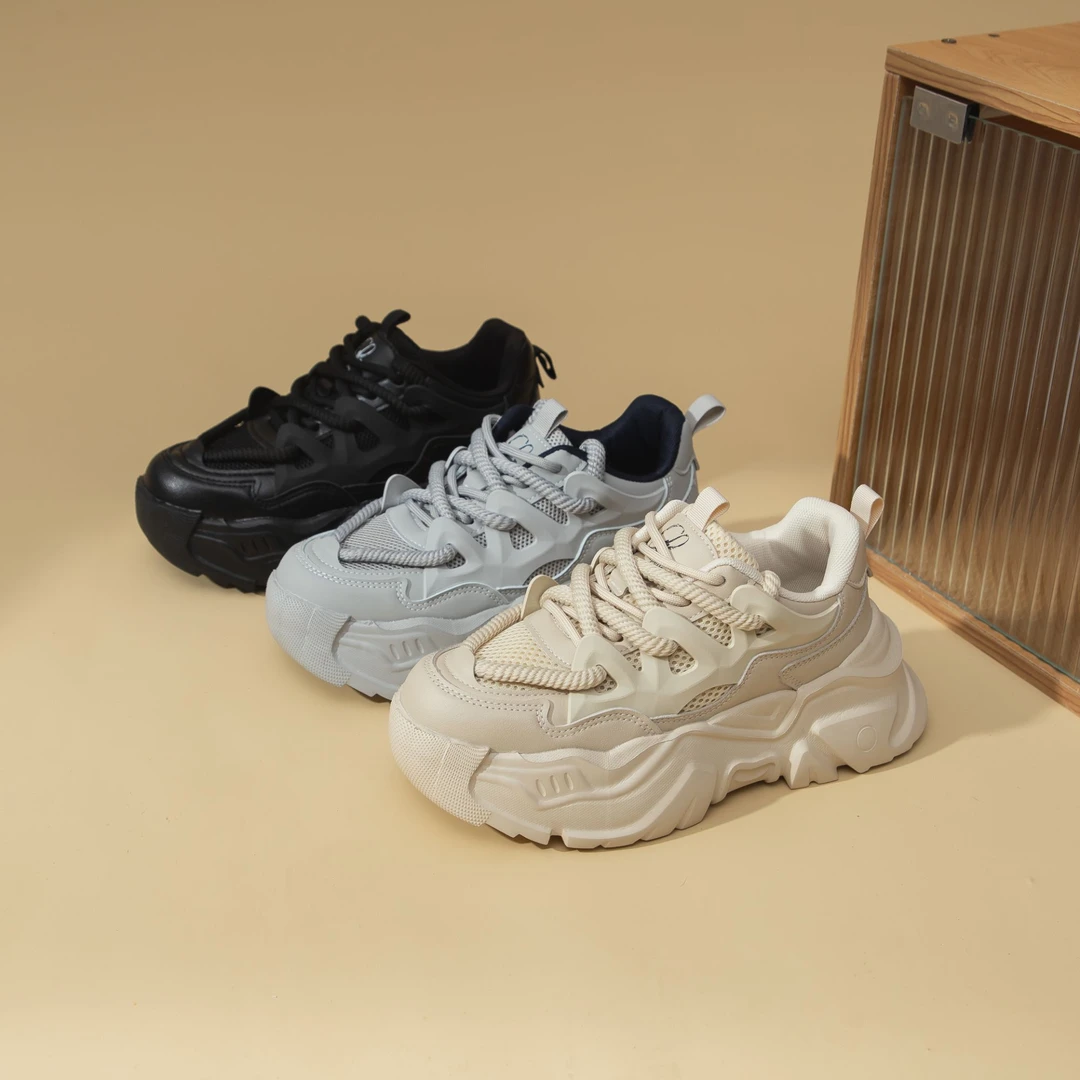 拉夏贝尔厚底真皮老爹鞋2024夏季新款女鞋增高轻便休闲单网透气