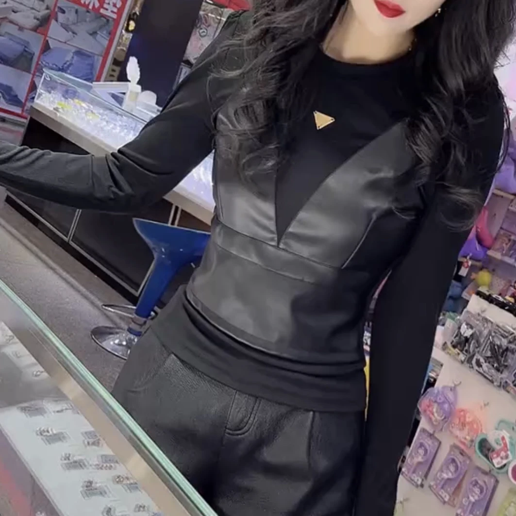 4754拼接P假两件设计感打底衫女秋冬长袖圆领显瘦上衣