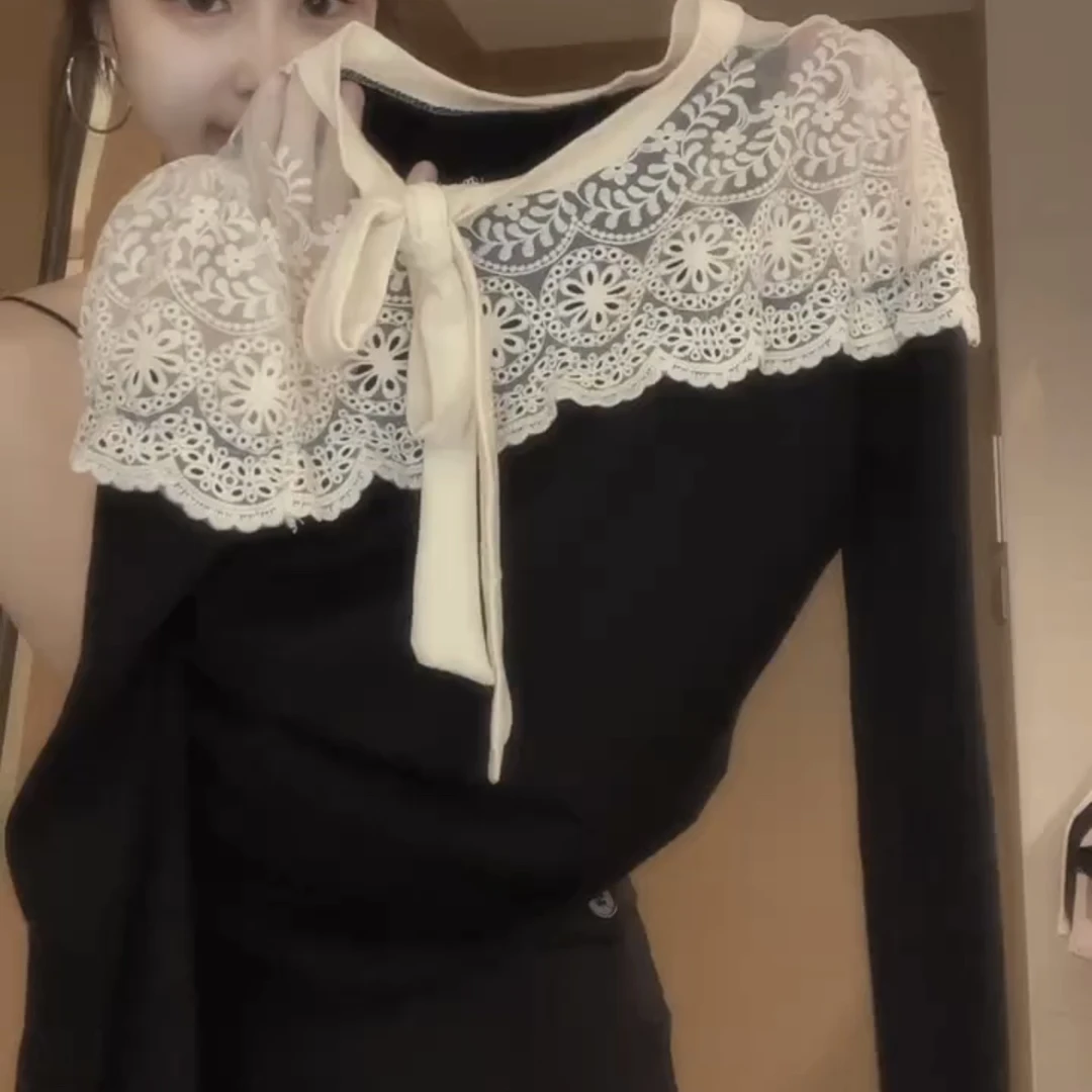 4737法式设计感蕾丝拼接针织衫女新款时尚气质显瘦系带上衣