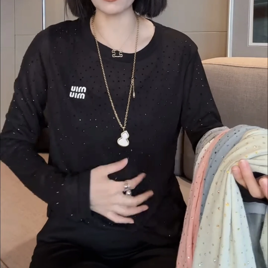 4083长袖显瘦打底衫纯色重工烫钻薄款防晒高弹小衫