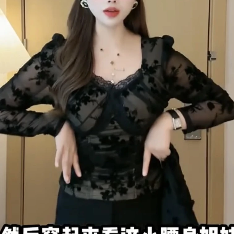 4830新款加绒法式性感蕾丝修身显瘦百搭气质上衣