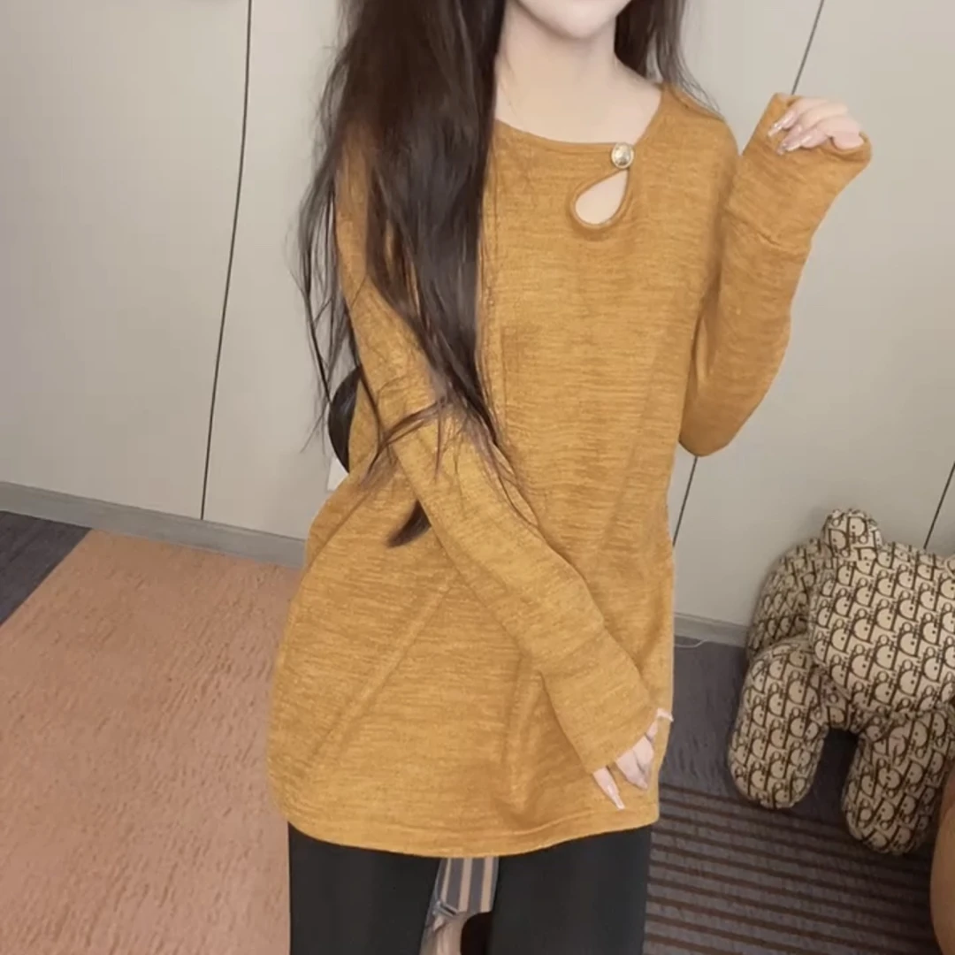 镂空设计感长袖上衣女秋冬遮肉显瘦气质大衫中长款宽松