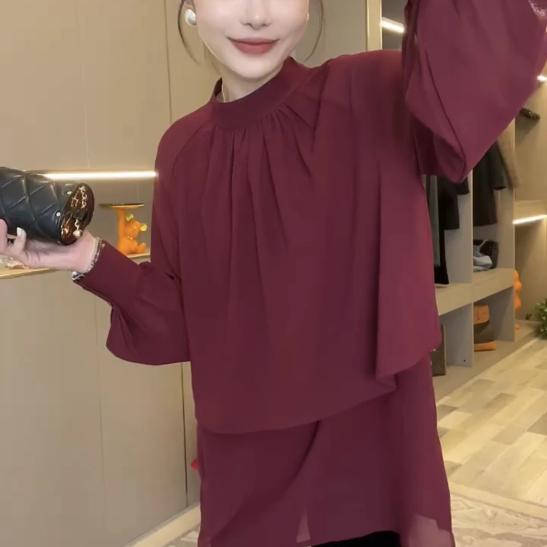 4590雪纺纱长袖宽松小衫上衣女宽松韩版显瘦百搭双层设计款