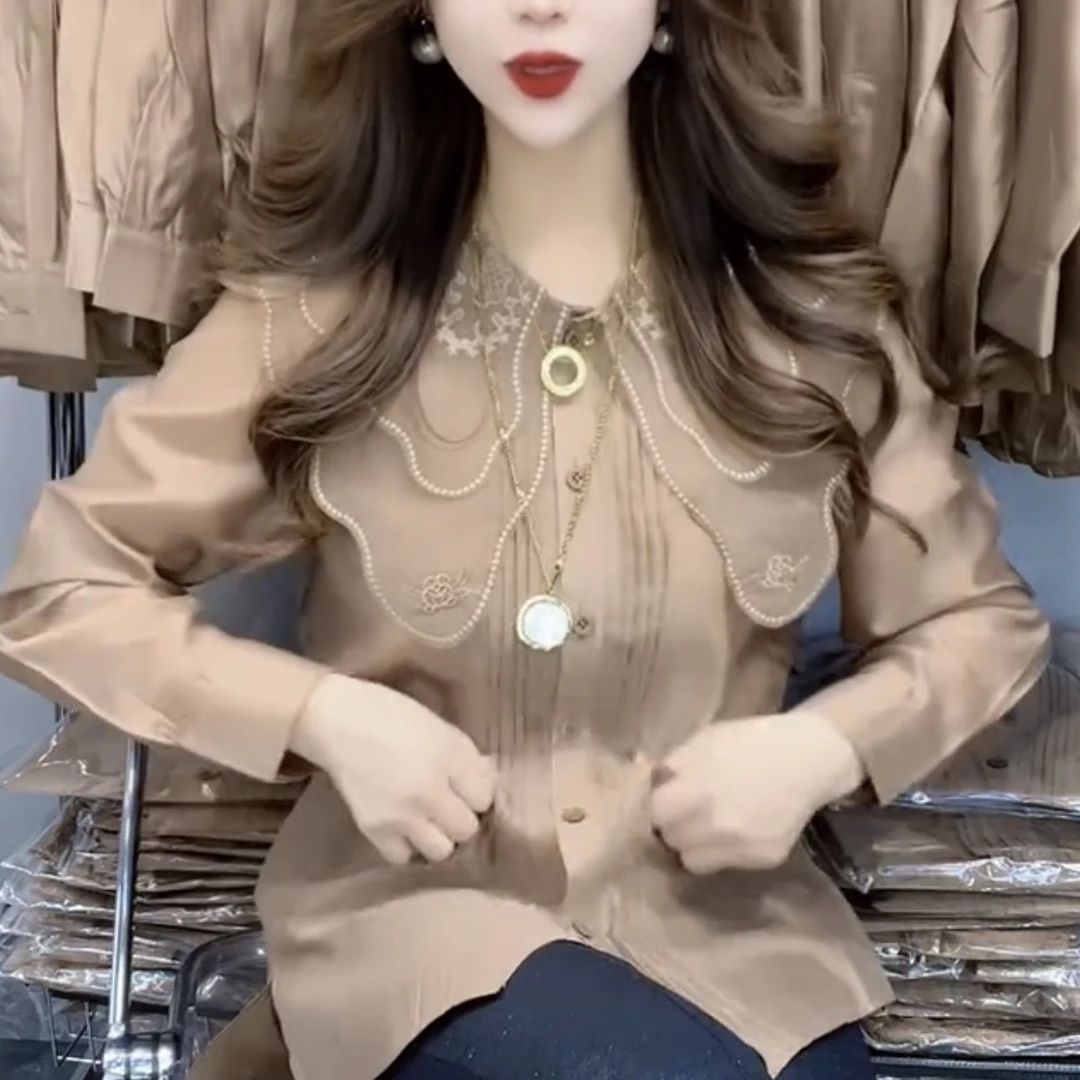 3777香槟色气质荷叶领子蕾丝边上衣衬衫长袖上衣