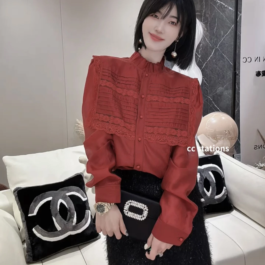 3740雪纺拼接蕾丝高级纯色气质上衣衬衫宫廷甜美女王范