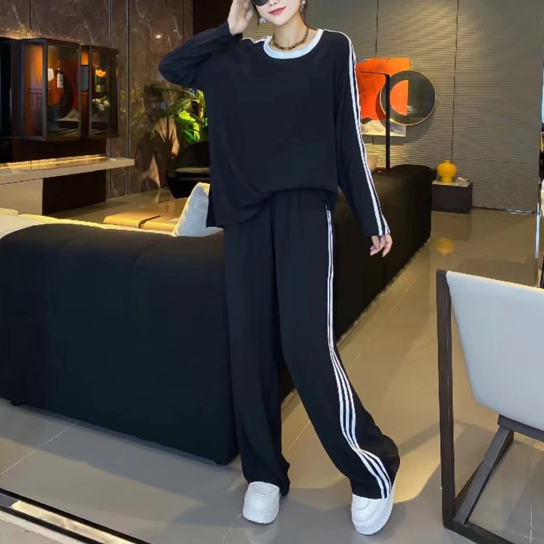 5847早秋新款大码女时尚休闲宽松套装长袖T恤上衣+阔腿长裤两件套