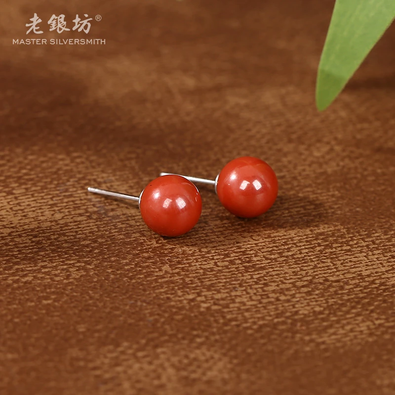 老银坊 含辰砂工艺品s925银8mm辰砂圆珠耳钉 0011765