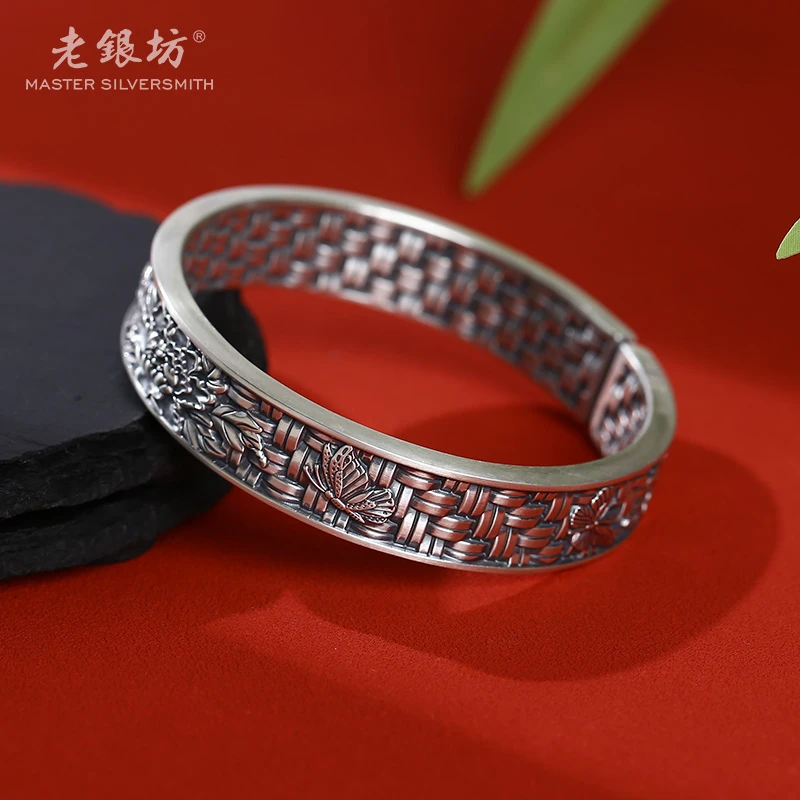 老银坊 足银手镯 足银999编织蝶恋花开口镯13m 0034613