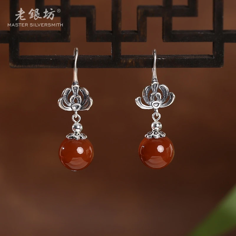 老银坊s925银玛瑙莲花耳坠 0014429