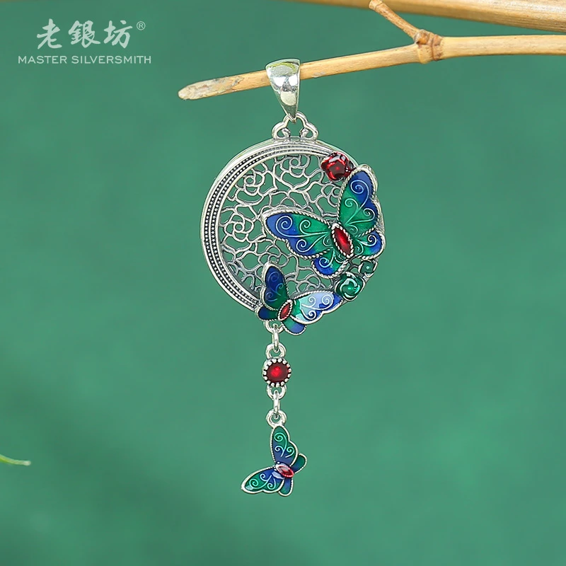 吊坠925银 三蝶玫瑰蝴蝶花窗吊坠 00232449