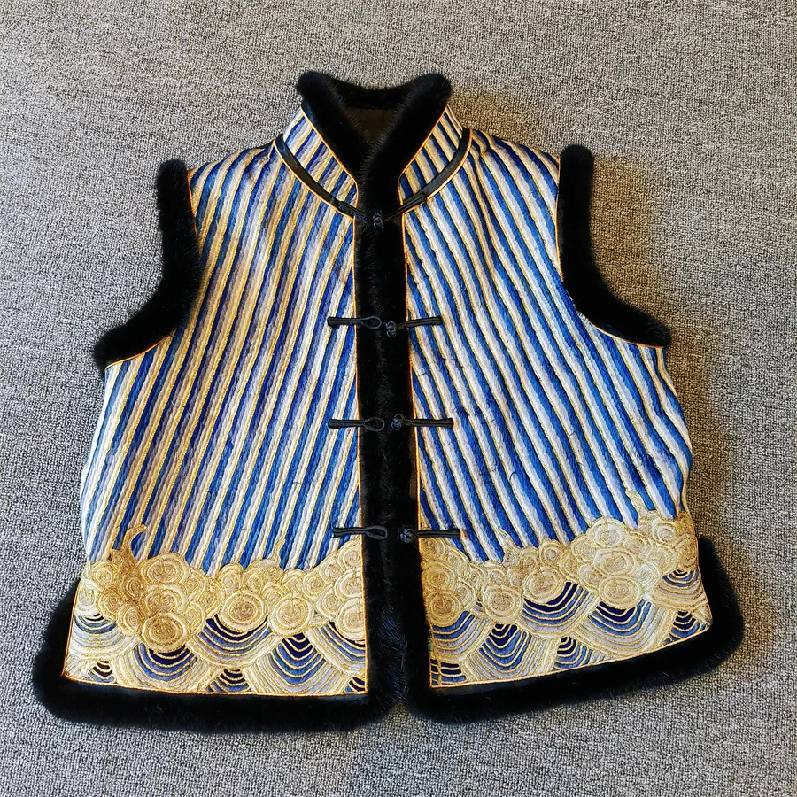 复古国潮风  夹棉貂毛马夹坎肩  手绣老绣海水纹