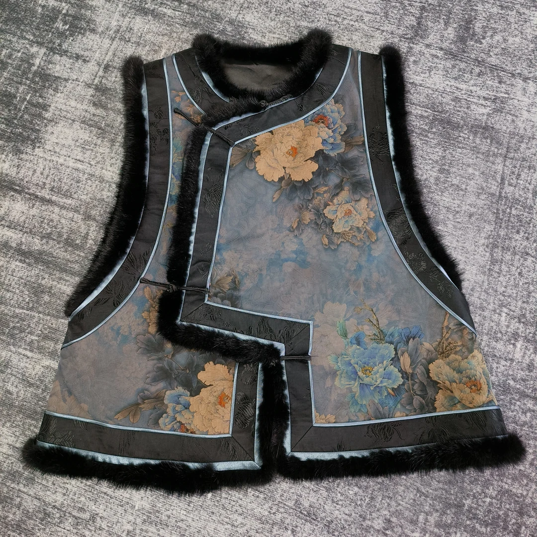 国潮复古夹棉貂毛冬款坎肩新中式中国风女士