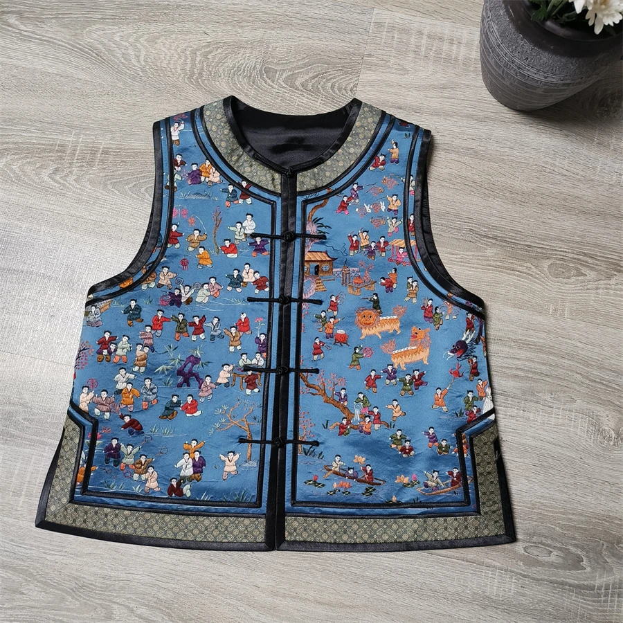 复古中开马甲    百子图蓝色刺绣