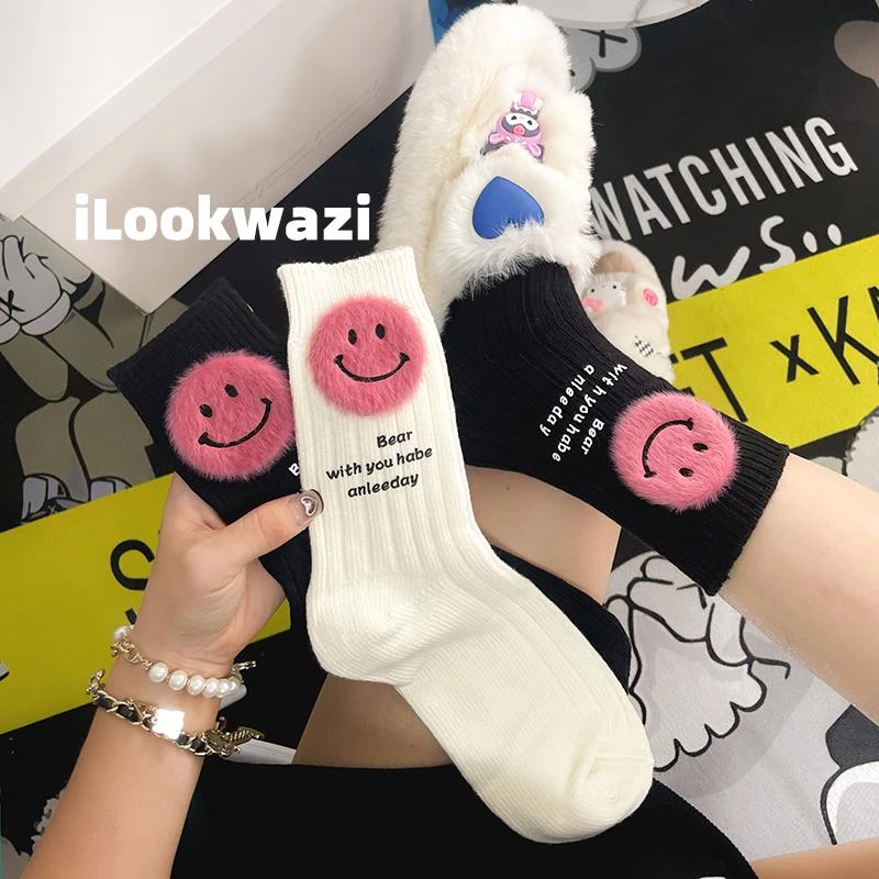 ilookwazi秋冬外穿搭鲨鱼裤黑白全棉玫红色字母毛绒笑脸中长筒袜