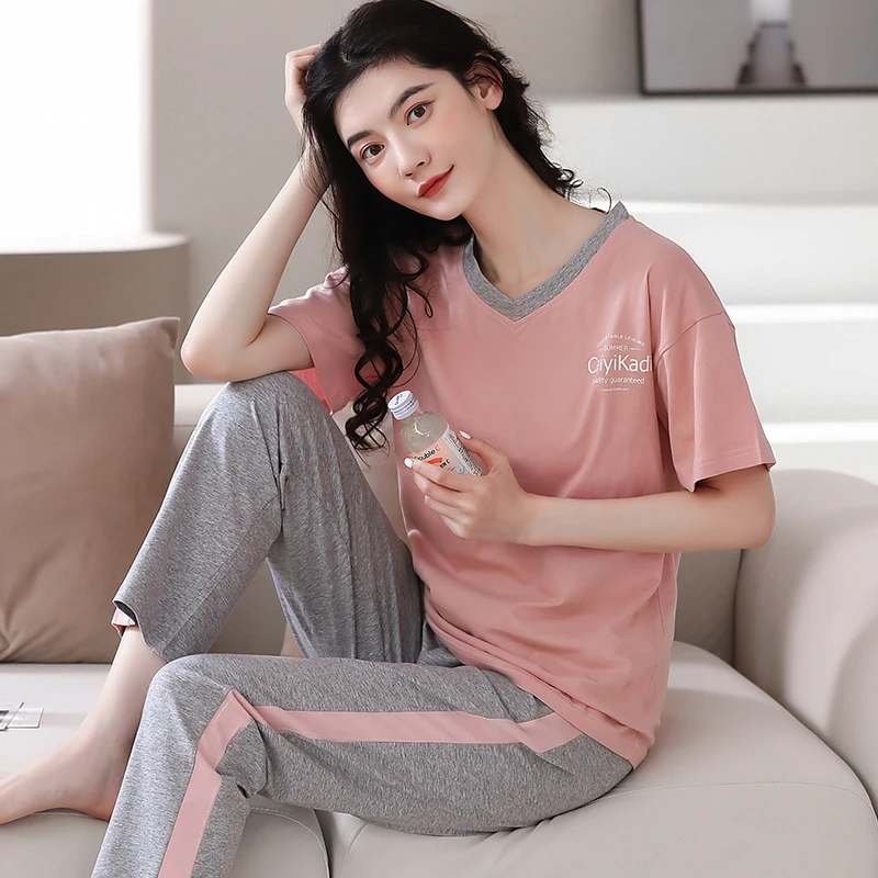 2022 睡衣女夏季纯棉春秋薄款韩版V领 短袖长裤全棉休闲家居服套