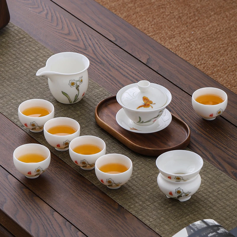 鹭城水仙陶瓷整套茶具礼盒装家用办公简约高档轻奢三才茶盖碗套装