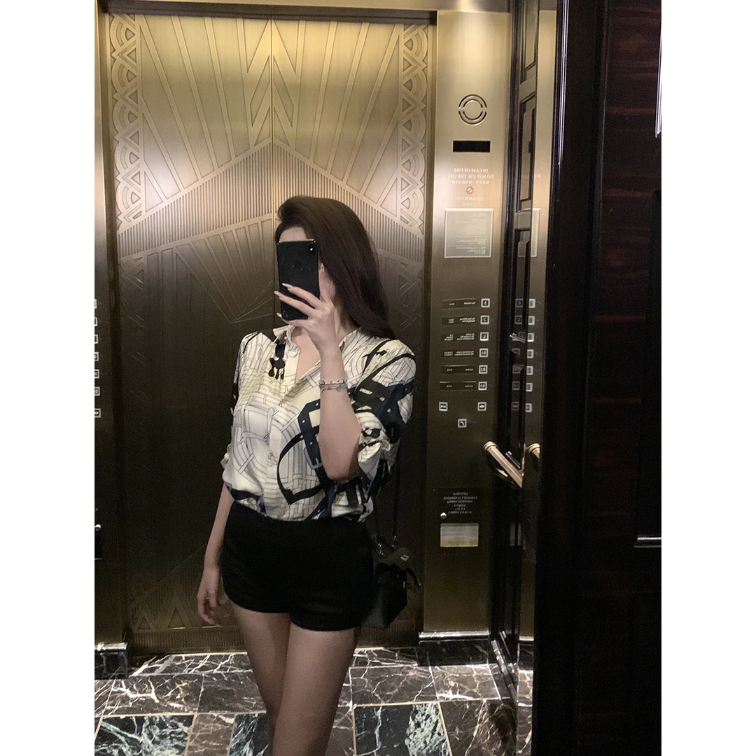 【雅痞vibe】名媛风气质高级感轻奢老钱印花缎面衬衫/百搭高腰短裤