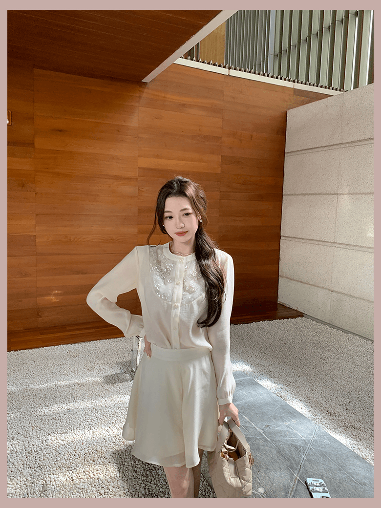【浮光竹影】御姐气质高级感圆领单排扣刺绣亮片重工设计感轻薄衬衫