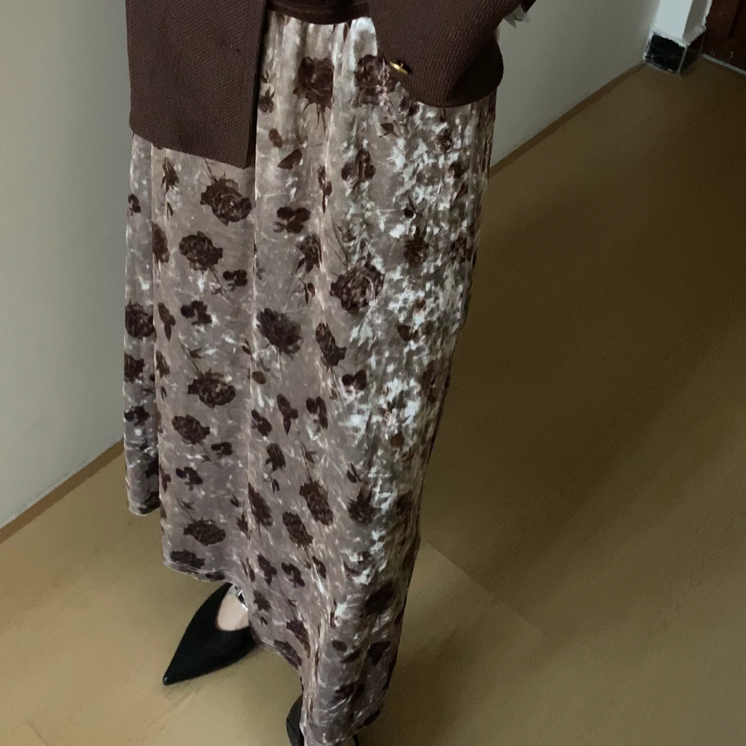 丝绒新中式印花半身裙秋冬垂坠感高级裙时尚