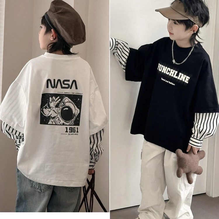 男潮流韩版童装2025春儿童潮酷拼接假两件卫衣中大童套头长袖T恤