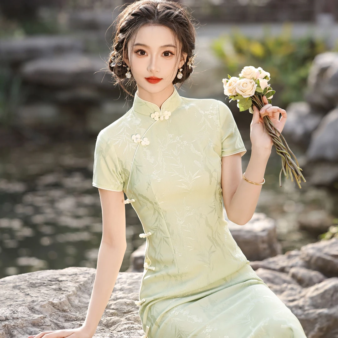 改良旗袍夏季气质中长款绿色少女日常休闲显瘦中国风连衣裙旗袍JD