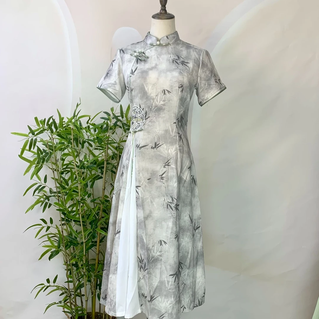 中国风气质旗袍改良奥黛中长款粉色少女风日常显瘦旗袍连衣裙YT