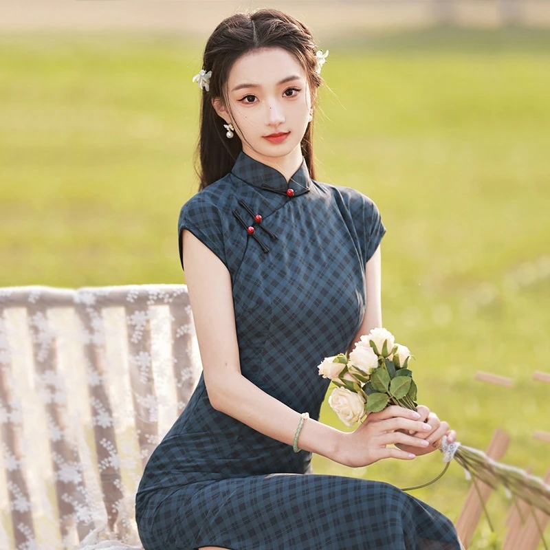 2024新款中国风半开襟旗袍改良旗袍乔其纱日常休闲显瘦连衣裙ZD